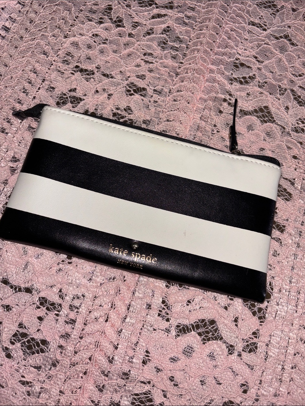 kate spade Black and White Striped Zip Wallet
